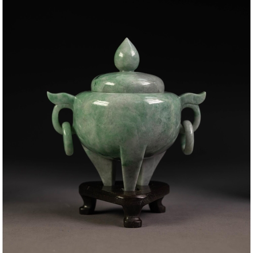 212 - CHINESE PALE GREEN JADE CENSER with globular body, two ring and captive ring handles, low domed cove... 