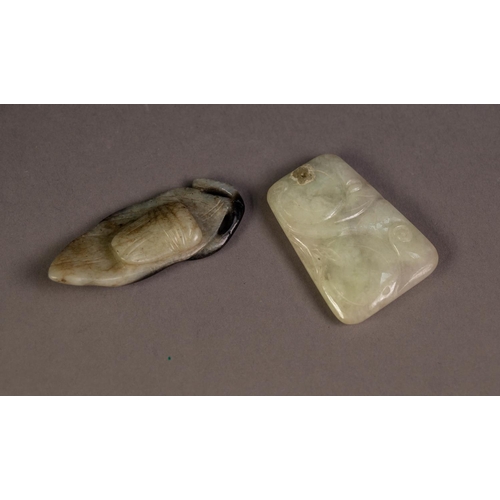 213 - CHINESE CARVED JADE LEAF SHAPED PENDANT with dark brown front and mutton fat coloured back carved wi... 