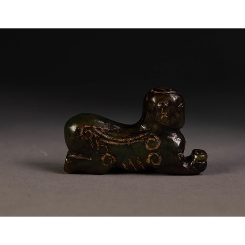 215 - CHINESE ANTIQUE CARVED DARK BROWN JADE SPHINX SHAPED FIGURE, 2 3/4in (7cm) long, 1 5/8in (4cm) high