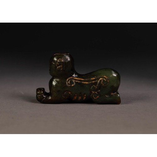 215 - CHINESE ANTIQUE CARVED DARK BROWN JADE SPHINX SHAPED FIGURE, 2 3/4in (7cm) long, 1 5/8in (4cm) high