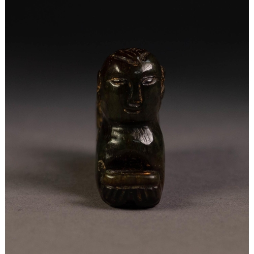 215 - CHINESE ANTIQUE CARVED DARK BROWN JADE SPHINX SHAPED FIGURE, 2 3/4in (7cm) long, 1 5/8in (4cm) high