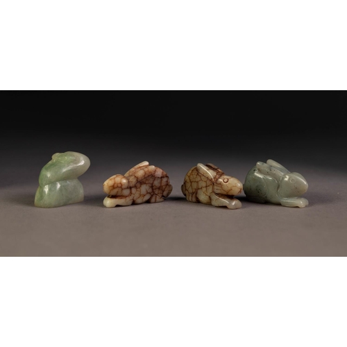 216 - TWO CHINESE MUTTON FAT JADE SMALL MODELS OF RABBITS, 1 3/4in (4.5cm) and 1 1/2in (3.5cm) long and a ... 