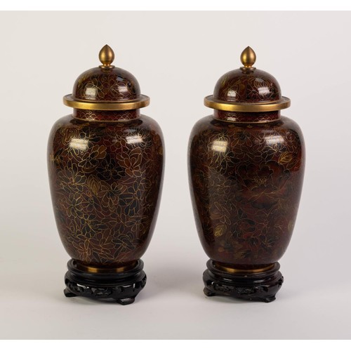 227 - PAIR OF MODERN CHINESE CLOISONNÉ VASES WITH COVERS, each of ovoid form with domed cover, decorated i... 