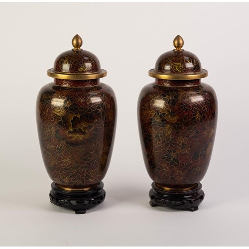 227 - PAIR OF MODERN CHINESE CLOISONNÉ VASES WITH COVERS, each of ovoid form with domed cover, decorated i... 