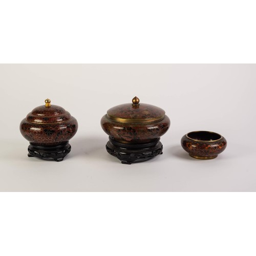 229 - TWO MODERN CHINESE CLOISONNÉ BOWLS WITH COVERS, each decorated in dark tones with a profusion of flo... 