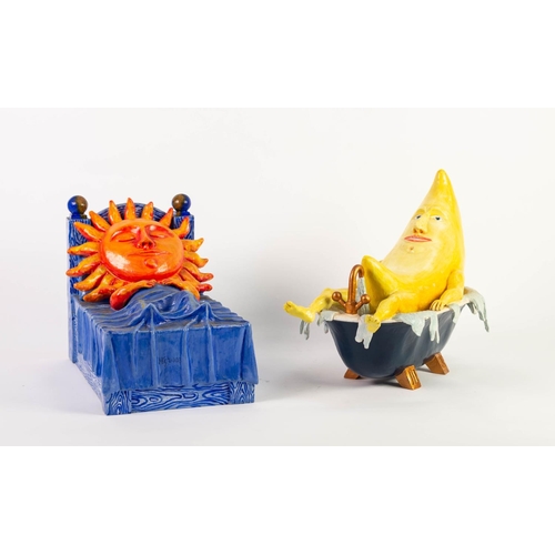 97 - HOWARD GORST (b.1955) PAIR OF PAINTED CERAMIC MODELS OF THE SUN AND MOONThe sun modelled asleep in b... 