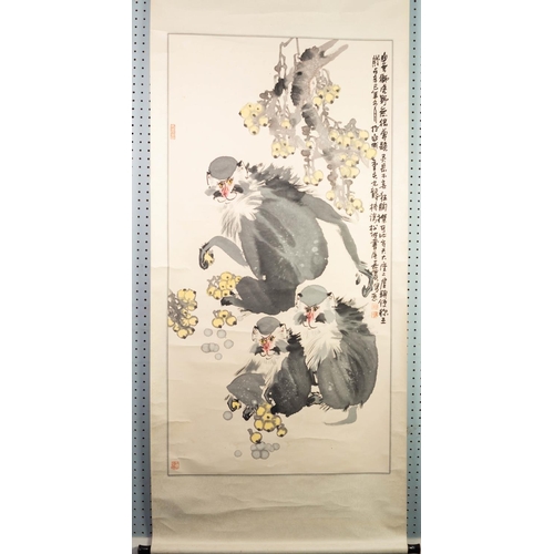 224 - TWO MODERN CHINESE SCROLL PAINTINGS IN BOXES, one in colours, depicting monkeys, 53” x 27” (134.5cm ... 