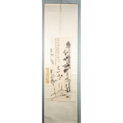 225 - THREE CHINESE MONOCHROME SCROLL PAINTINGS, one depicting bamboo, another of a tranquil village setti... 