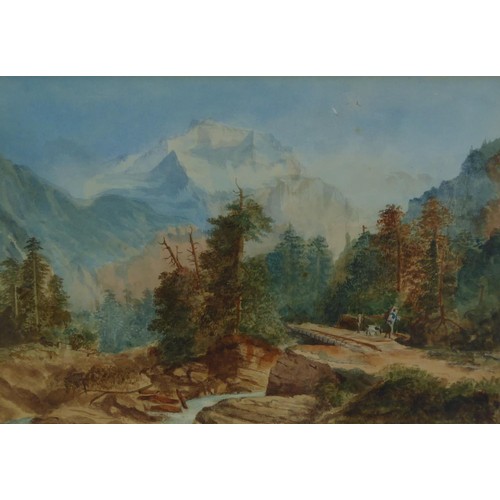 310 - UNATTRIBUTED (EARLY TWENTIETH CENTURY)WATERCOLOUR DRAWING Alpine landscape with woodsman and a goat ... 