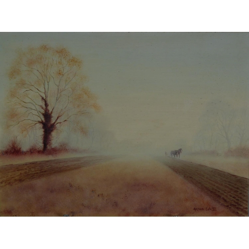 326 - ARTHUR LOCKIE (b.1948) OIL ON BOARD Horse drawn plough emerging from a morning mist Signed 12” x 16”... 