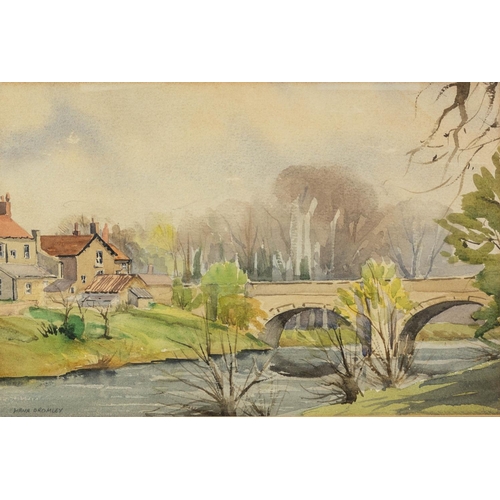 307 - DIANA BROMLEY (TWENTIETH CENTURY) WATERCOLOUR DRAWINGRiverscape with stone bridge and houses Signed ... 