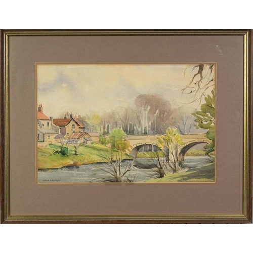 307 - DIANA BROMLEY (TWENTIETH CENTURY) WATERCOLOUR DRAWINGRiverscape with stone bridge and houses Signed ... 