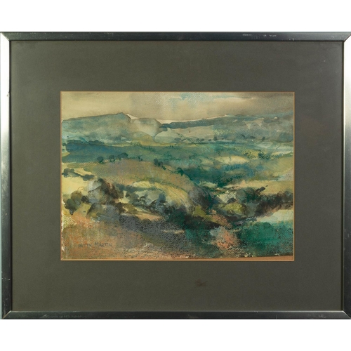 340 - PATTY MARTIN (TWENTIETH CENTURY) MIXED MEDIA ON PAPER‘Cheshire Landscape’ Signed, titled verso 9 ½” ... 