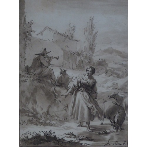 313 - UNATTRIBUTED (NINETEENTH CENTURY) PRINT OF A PEN AND WASH DRAWINGContinental rural scene with figure... 