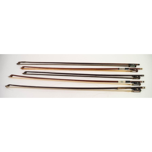 121 - FIVE VARIOUS VIOLIN BOWS, ONE ONLY WITH TURNED STICK