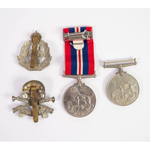 68 - TWO 1939-1945 WAR MEDALS, one only with ribbon.  TOGETHER WITH 'DEATH OR GLORY' 17/21 LANCERS CAP BA... 