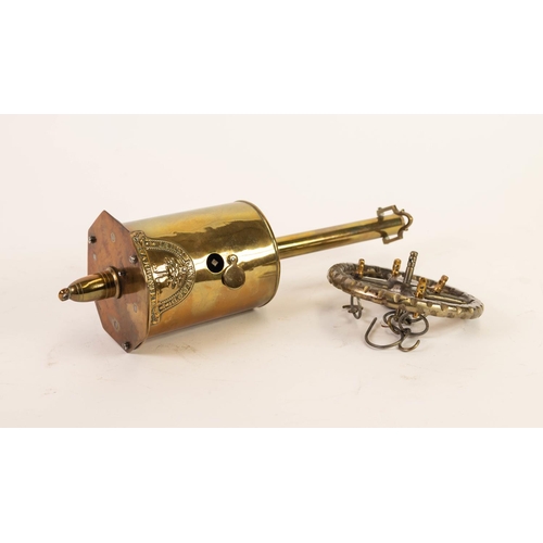 26 - JOHN LINWOOD WARRANTED BRASS MECHANICAL SPIT, stamped 2, with ring and suspension hooks, (2)