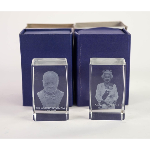 37 - LEAD CRYSTAL SQUARE SECTION\OBLONG PAPERWEIGHT WITH 3d LASER IMAGE BUST OF CHURCHILL, and  ANOTHER H... 