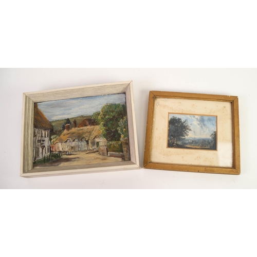 87 - MID NINETEENTH CENTURY GOUACHE LANDSCAPE IN MINIATURE, with figures and trees in foreground, possibl... 