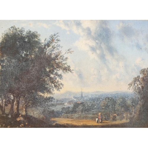 87 - MID NINETEENTH CENTURY GOUACHE LANDSCAPE IN MINIATURE, with figures and trees in foreground, possibl... 