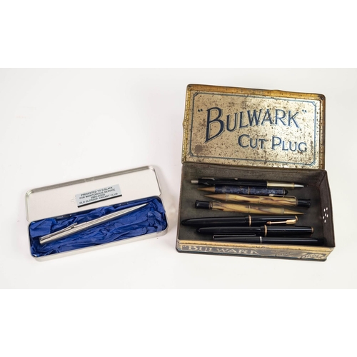 82 - TWO PARKER FOUNTAIN PENS, with 14ct gold size 10 nibs, black and gilt PLATIGNUM 'CADET' FOUNTAIN PEN... 