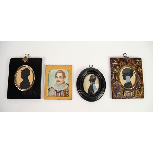 92 - LATE 19th PASTICHE PORTRAIT MINIATURE OF AN ELIZABETHAN GENTLEMAN, and 3 SILHOUETTES (4)