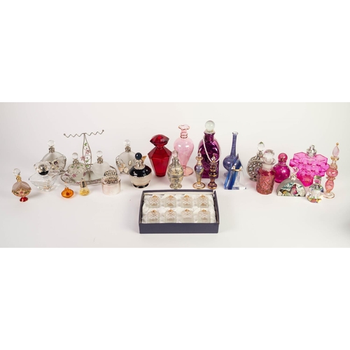 21 - COLLECTION OF APPROX 42 MODERN DECORATED GLASS PERFUME BOTTLES including; 4 tall blown glass case sh... 