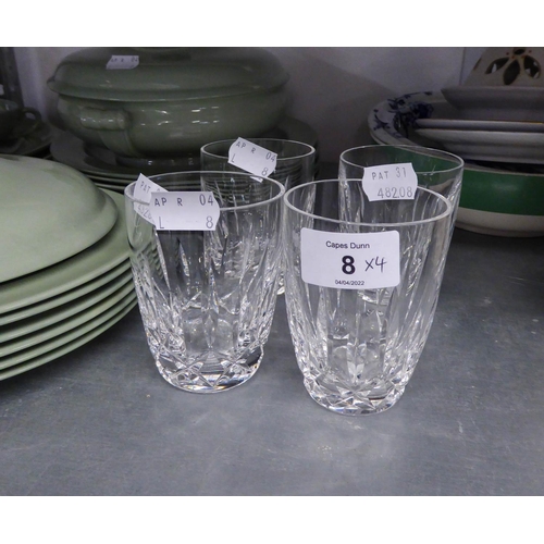 14 - A SET OF FOUR WATERFORD CUT GLASS BARREL SHAPED TUMBLERS, BLADE CUT, WITH HEAVY DIAMOND CUT LOW BAND... 