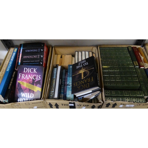100 - A SELECTION OF BOOKS TO INCLUDE; CHARLES DICKENS 'COMPLETE WORKS', GREEN UNIFORM BOUND, DICK FRANCIS... 
