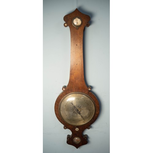109 - NINETEENTH CENTURY ROSEWOOD BANJO BAROMETER, the 10” silvered dial set beneath a hygrometer and with... 