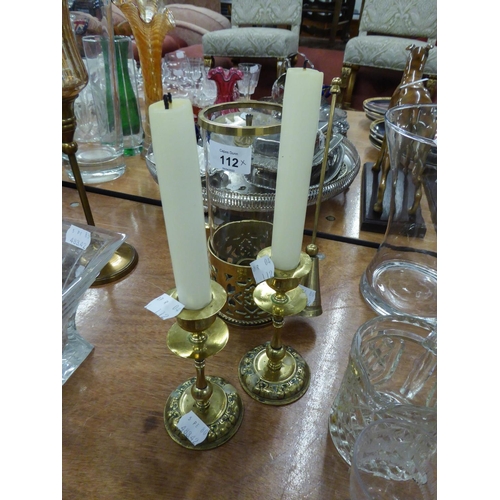 52 - A BRASS PORTABLE CANDLE HOLDER WITH GLASS SHADE AND BRASS SNUFFER, A PAIR OF ARTS AND CRAFTS CANDLES... 