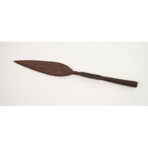 177 - AGED CAST METAL SPEARHEAD, with oblong crosshatched panels to the socket, 12 ¾” (32.3cm) long