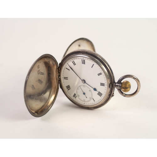 169 - GEORGE V SILVER HUNTER POCKET WATCH, with keyless movement, white Roman dial with subsidiary seconds... 