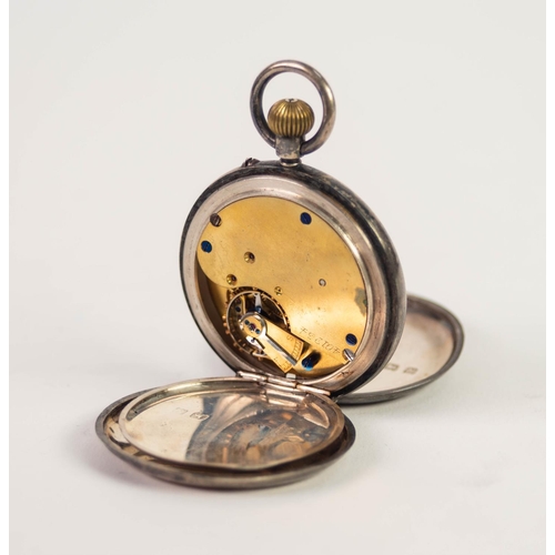 169 - GEORGE V SILVER HUNTER POCKET WATCH, with keyless movement, white Roman dial with subsidiary seconds... 