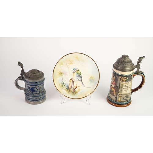 171 - GERMAN STONEWARE AND PEWTER LIDDED TANKARD, having jesters head thumb-piece, the tapered body having... 