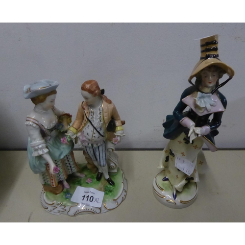 110 - A POST-WAR DRESDEN PORCELAIN GROUP AND ANOTHER GERMAN FIGURINE (2)