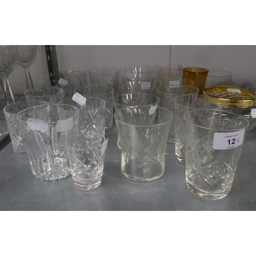 12 - EIGHT, PROBABLY EDINBURGH, CUT CRYSTAL TUMBLERS AND A TOT GLASS PLUS TEN VARIOUS CUT GLASS TUMBLERS;... 