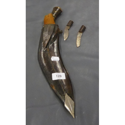 129 - AN INDIAN/NEPALESE KUKRI , IN LEATHER SHEATH WITH TWO SMALLER KNIVES (3)