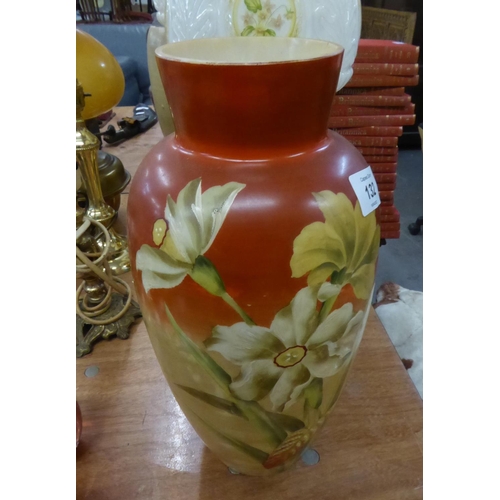 132 - A WHITE OPAQUE GLASS OVULAR VASE, PAINTED WITH LARGE FLOWERS ON YELLOW AND RED GROUND