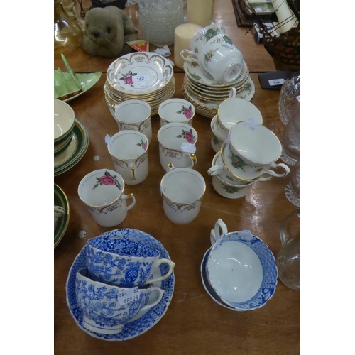 142 - ROYAL STAFFORD CHINA TEA SERVICE; ROYAL IMPERIAL TEA SERVICE AND A SET OF FOUR VICTORIAN BLUE AND WH... 