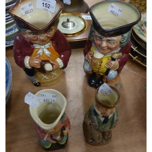 152 - ROYAL DOULTON POTTERY ‘JOLLY TOBY’ JUG AND ‘TOBY XX’ JUG AND A SMALL ‘CAPT CUTTLE’ TOBY JUG AND A KE... 
