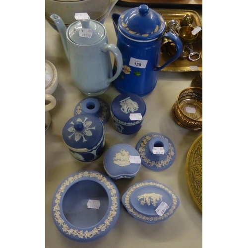 159 - WEDGWOOD PALE BLUE AND WHITE JASPER WARES, VIZ A PAIR OF LOW CANDLESTICKS, A TRINKET BOWL, TWO TRINK... 