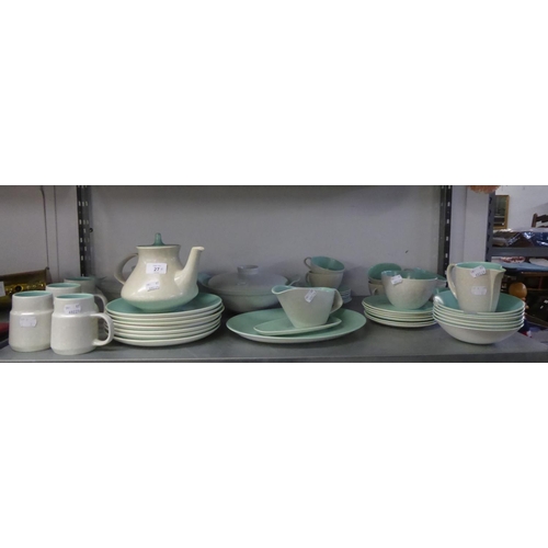 27 - POOLE POTTERY DINNER AND TEA SERVICE, WITH PALE BLUE INTERIOR, PALE GREY EXTERIOR