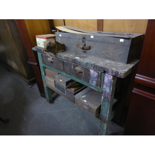 281 - A WOODEN WORK BENCH, WITH TWO DRAWERS AND AN IRON VICE; A VINTAGE WOODEN TOOL BOX AND CONTENTS; NINE... 