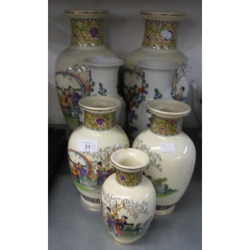 31 - SEVEN MODERN ORIENTAL POTTERY VASES, 14 ½” high and smaller, (7)