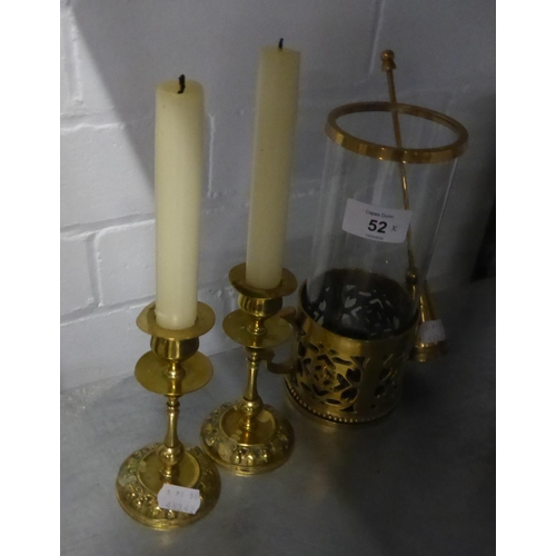 52 - A BRASS PORTABLE CANDLE HOLDER WITH GLASS SHADE AND BRASS SNUFFER, A PAIR OF ARTS AND CRAFTS CANDLES... 