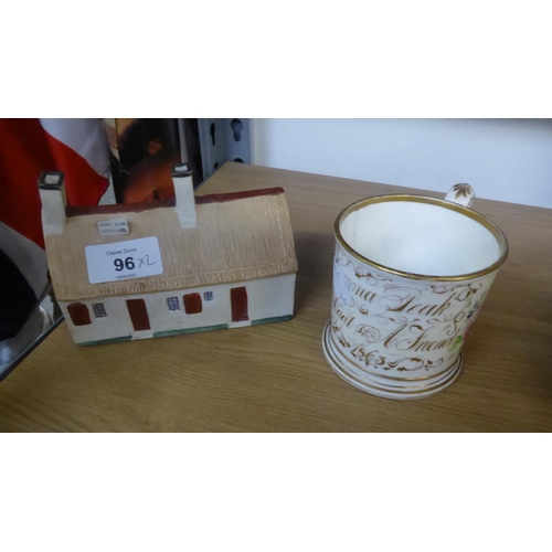 96 - POSSIBLY W.H. GOSS, TINTED BISQUE MODEL OF ROBERT BURNS COTTAGE, with titled plaque to the roof, 5” ... 