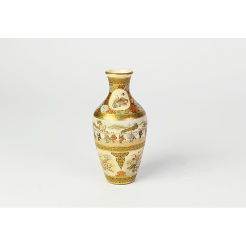 129 - SMALL JAPANESE MEIJI PERIOD OVIFORM SATSUMA VASE, well-painted and richly gilded with two encircling... 