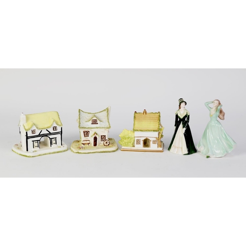 105 - TWO COALPORT CHINA SMALL FIGURES, one titled JO, together with three MODERN COALPORT CHINA COTTAGE P... 