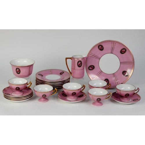 66 - VIENNA 19th CENTURY PORCELAIN TEA SERVICE, pink with gilt radiating bands and borders, the three bla... 